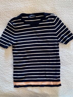 Zara Navy and White Striped Short Sleeve Tee with Peach Hem Accent